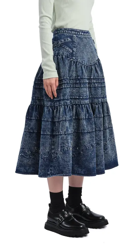 Stone-Washed Studded Denim Skirt online